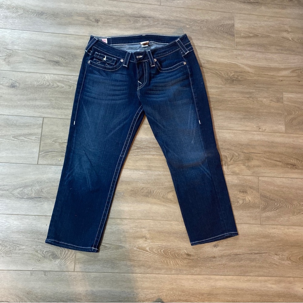 EUCVintage True Religion cropped jean dark Wash low rise star studded buttons32